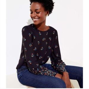 Loft Black Floral Garden Long Sleeve Blouse, Small